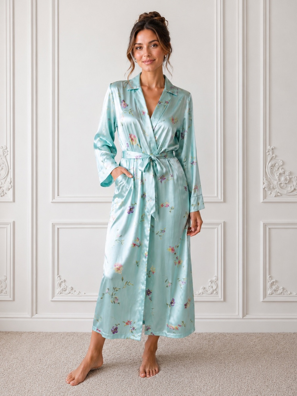 Jones New York Satin Floral Print Robe with Pockets Vtg Victoria Secret Vibes
